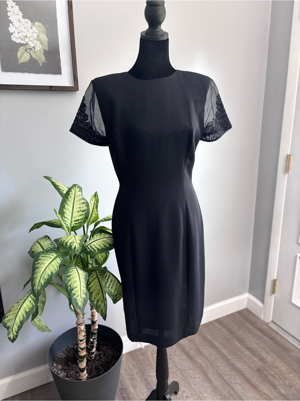 Vintage Donna Morgan Black Sheath Dress with Lace Cap Sleeves